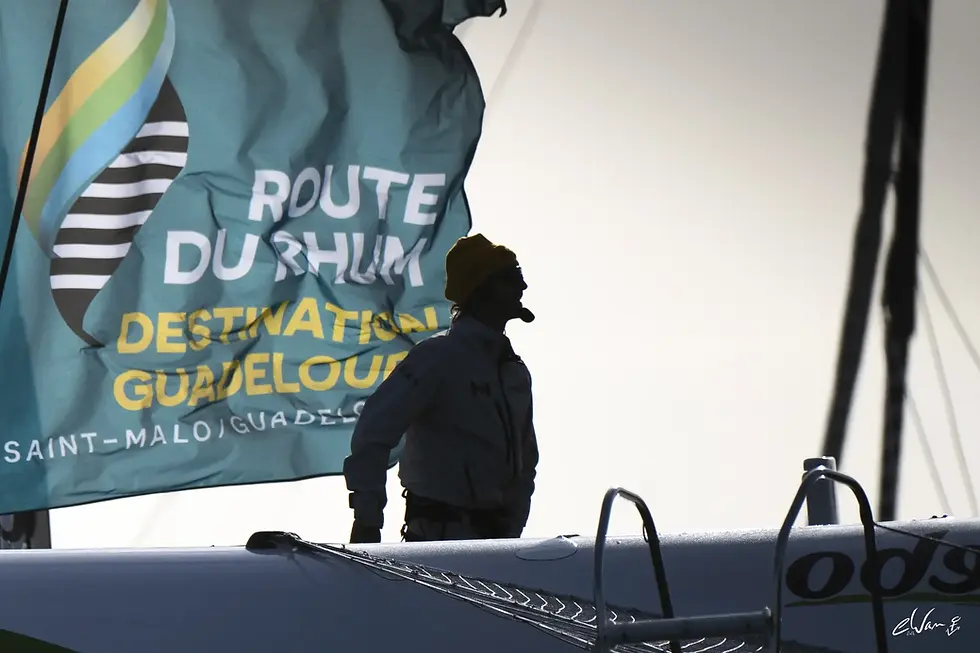 a silhouette of a skipper in front of the Route du Rhum flag
